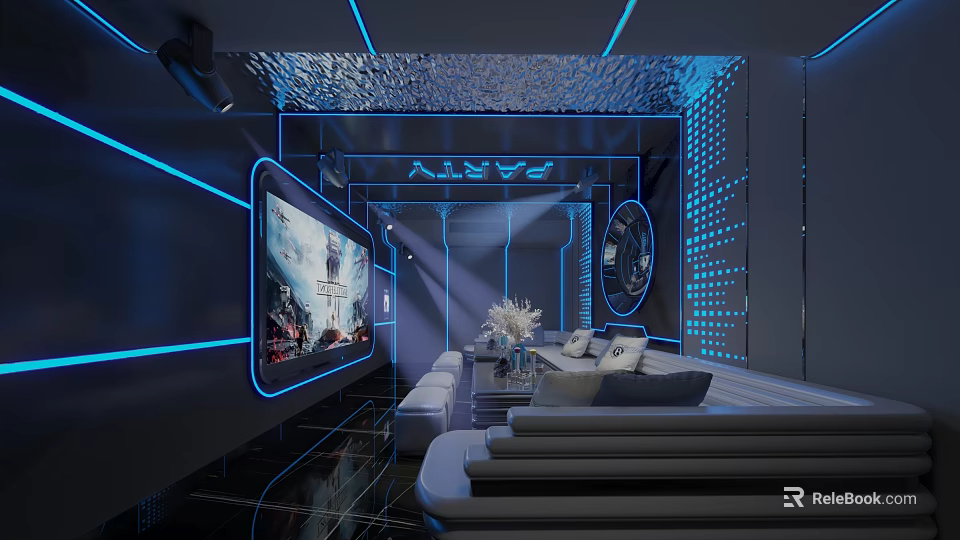 Modern KTV Room Interior With Blue Lighting Large Screen Comfortable Sofa And Hi tech Decor 3d model 