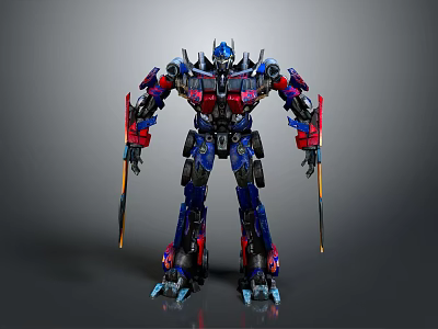 Transformers Robot Action Figure Featuring Blue Red Black Mechanical Structure And Swords 3d model