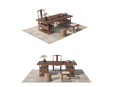 Elegant Wooden Tea Table And Chairs With Stools On Decorative Rug 3d model