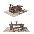 Elegant Wooden Tea Table And Chairs With Stools On Decorative Rug