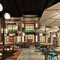 Traditional Restaurant Exterior With Brick Wall Green Awning Red Decorations And Entrance Design