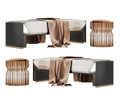 Modern Black Sofa Bench With Beige Upholstery And Brown Throw Blanket 3d model