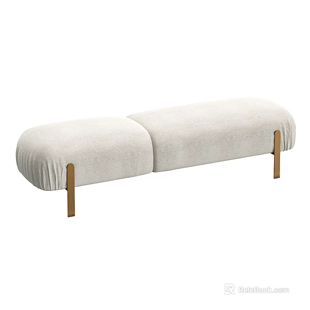 Beige Upholstered Stool With Wooden Legs And Connected Seats Design 3d model 