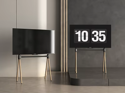 Modern Curved Screen TV And Time Display Television With Golden Stands In Black Platform Interior 3d model