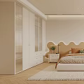Modern Beige Bedroom With Wave Shaped Headboard Pendant Lights Green Plants Rug And White Wardrobes