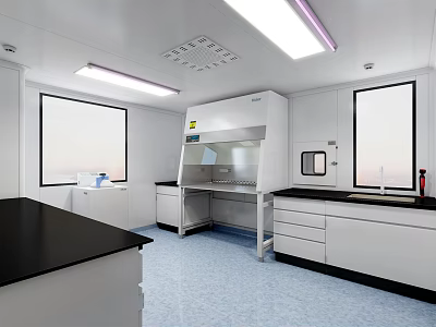 Modern Laboratory Interior With White Workbenches Fume Hood And Blue Flooring 3d model