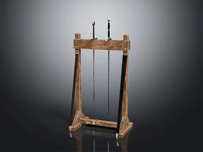 Traditional Weapon Swords Displayed on Wooden Stand with Classic Design Elements 3d model