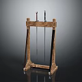 Traditional Weapon Swords Displayed on Wooden Stand with Classic Design Elements 3d model