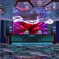 Modern Clubhouse Interior Design With Hexagonal Ceiling Neon Lighting And Reception Desk