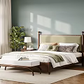 Modern Bedroom Interior With Light Green Walls Bed Pillows Bench And Wooden Floor