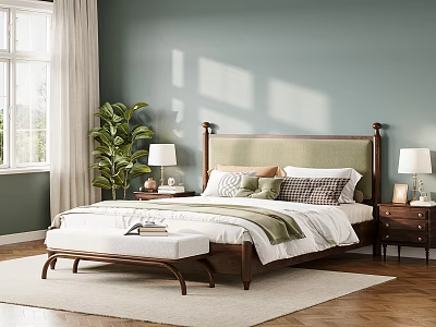 Modern Bedroom Interior With Light Green Walls Bed Pillows Bench And Wooden Floor 3d model