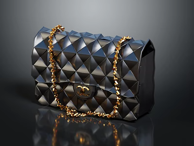 Stylish Black Diamond Pattern Handbag With Gold Chain Strap And Metal Clasp 3d model