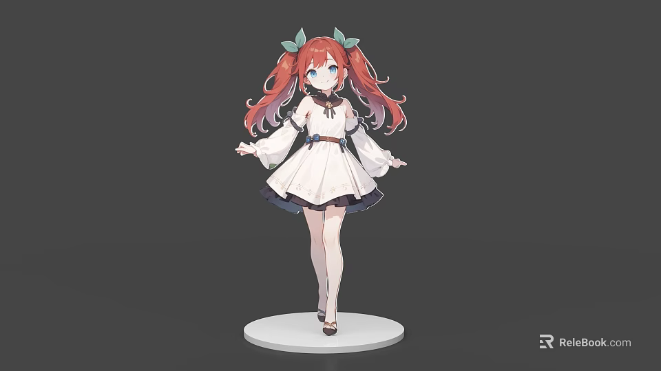 Anime Game Movie Character With Red Hair Green Hair Accessories White Dress Standing Pose 3d model 