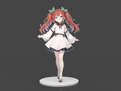 Anime Game Movie Character With Red Hair Green Hair Accessories White Dress Standing Pose 3d model