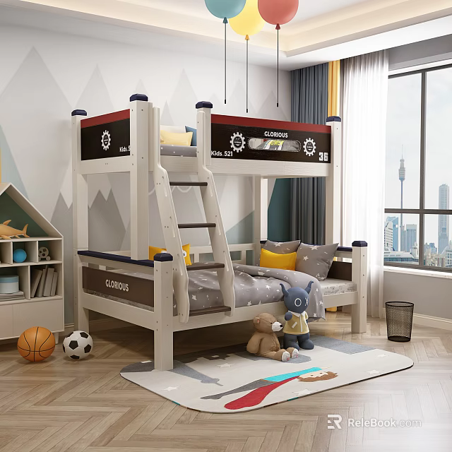 Bunk Bed in Children's Room with Yellow Pillows Stuffed Toys Basketball and City View 3d model 