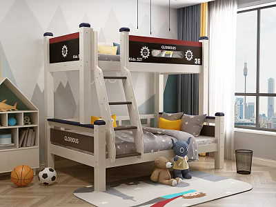 Bunk Bed in Children's Room with Yellow Pillows Stuffed Toys Basketball and City View 3d model
