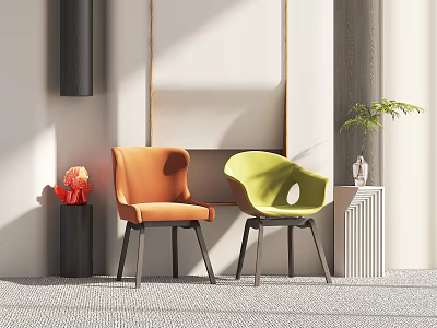 Orange and Green Accent Chairs with Black Legs in Modern Interior with Plants and Decorations 3d model