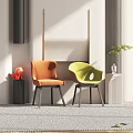 Orange and Green Accent Chairs with Black Legs in Modern Interior with Plants and Decorations