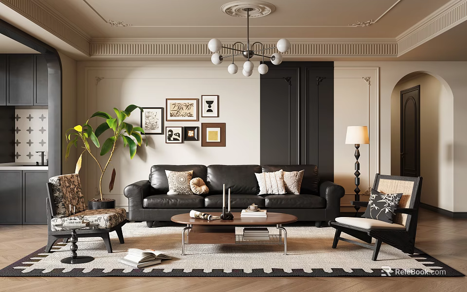 Warm Retro Living Room With Black Leather Sofa Comfy Lounge Chairs And Cozy Home Decor 3d model 