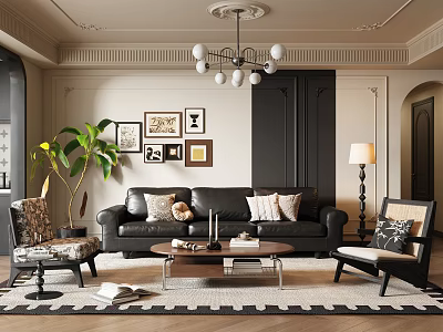 Warm Retro Living Room With Black Leather Sofa Comfy Lounge Chairs And Cozy Home Decor 3d model