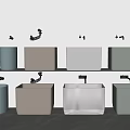 Different Colored Square Washbasins with Black Faucets Arranged on Shelves