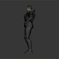 Male Character in Black Armor with Outstretched Arms Against Gray Background