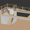 Indoor Staircase And Platform Design With Wooden Handrails And Black Metal Balusters