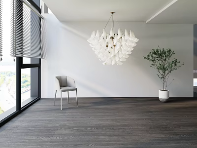 White Petal Chandelier In Modern Interior With Gray Chair Green Plant And Dark Wood Floor 3d model