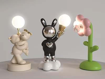Cute Table Lamps With Hugging Bear Rabbit Holding Bulb And Flower Shapes 3d model