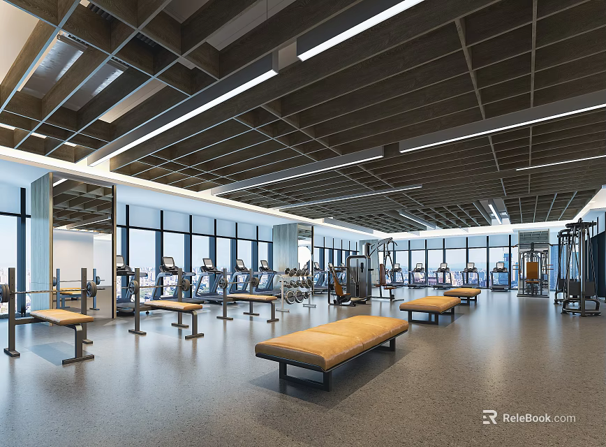 Modern Fitness Gym Interior With Open Space Equipment Benches And Large Windows 3d model 