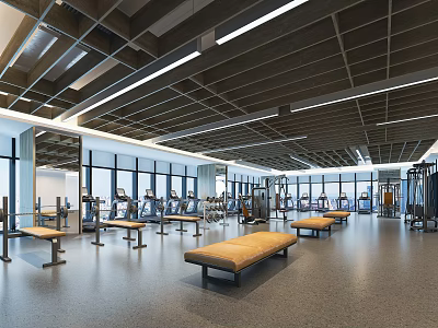 Modern Fitness Gym Interior With Open Space Equipment Benches And Large Windows 3d model