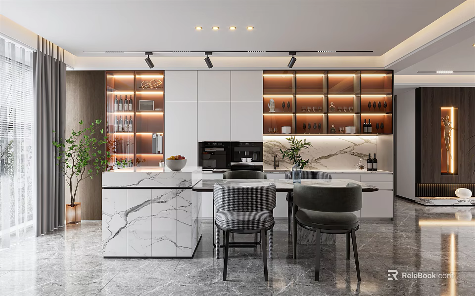 Luxury Modern Restaurant Interior With Dining Table Chairs Marble Decor And Lighting 3d model