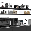 Modern Kitchen With Coffee Machines Appliances And Coffee Bean Bags On Shelves Countertop