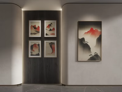 Chinese Landscape Paintings With Red Mountains Black Outlines On Modern Wall Wooden Panel And Lighting 3d model