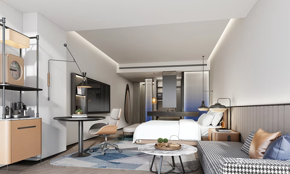 Contemporary Stylish Hotel Guest Room With Comfortable Bed Office Nook And Relaxing Living Space 3d model 
