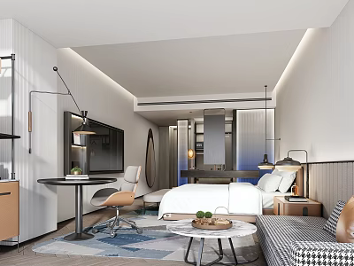 Contemporary Stylish Hotel Guest Room With Comfortable Bed Office Nook And Relaxing Living Space 3d model