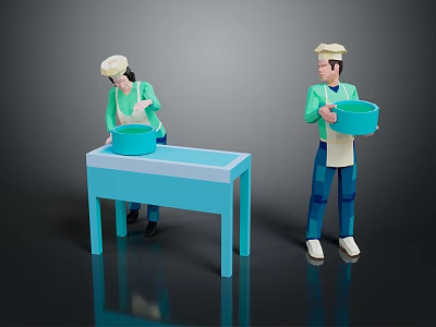Two Chefs In Hats And Aprons Preparing At Blue Table Holding Blue Bowls 3d model