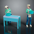 Two Chefs In Hats And Aprons Preparing At Blue Table Holding Blue Bowls