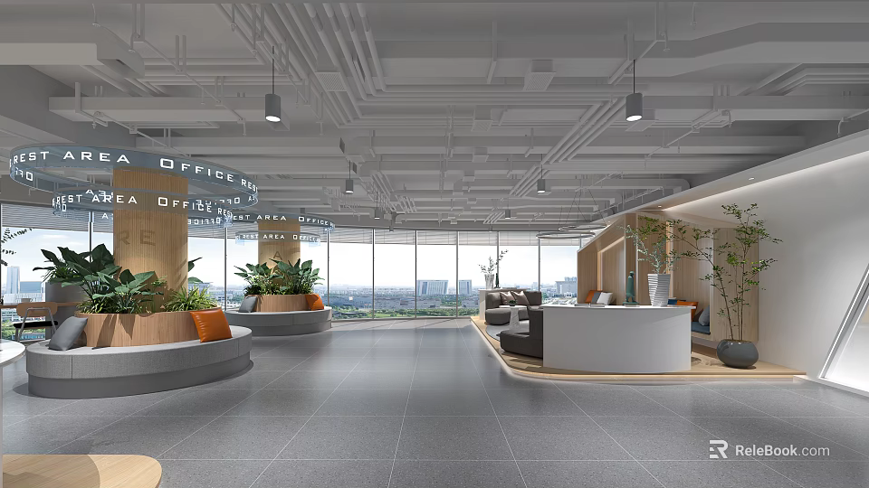 Modern Office Lounge Area with Large Windows City View Green Plants and Comfortable Sofas 3d model 