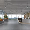Modern Office Lounge Area with Large Windows City View Green Plants and Comfortable Sofas