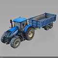 Blue Tractor With Attached Dump Trailer And Large Wheels On Reflective Surface 3d model