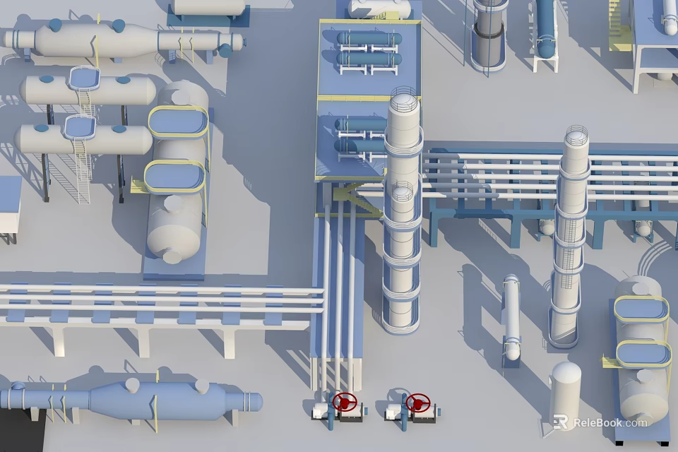 Modern Industrial Equipment Facility Layout With Pipes Towers And Storage Tanks 3d model 