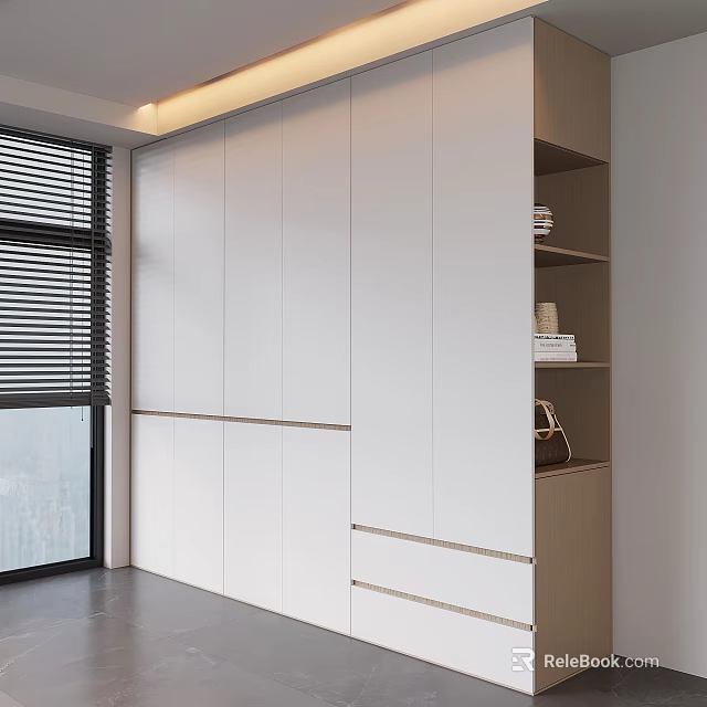 Modern Minimalist Full Height White Wardrobe With Side Open Display Storage Shelves For Bedroom 3d model 