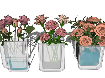 Assorted Glass Vases with Pastel Pink and Coral Orange Roses Arrangement 3d model