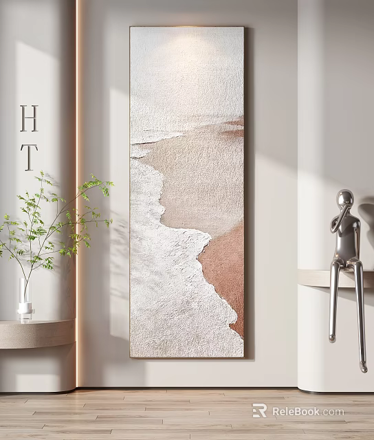Modern Abstract Wall Art With Textured Surface Green Plant And Decorative Sculpture 3d model 