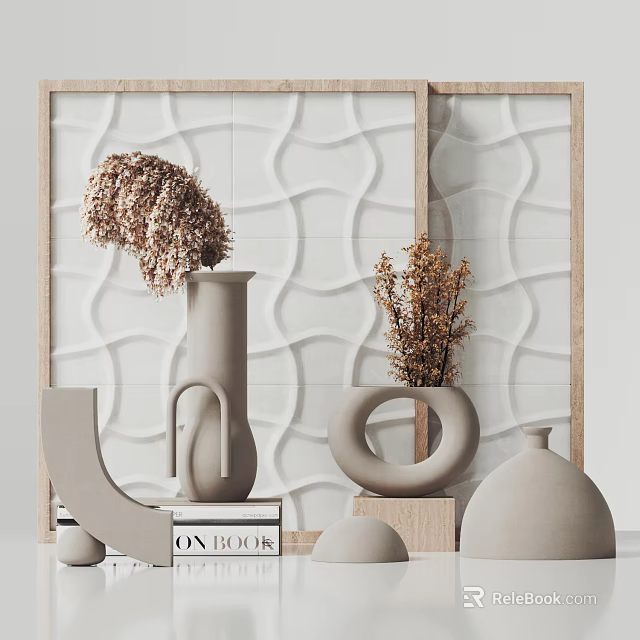 Modern Decorative Ornament Set With Vases Dried Flowers Geometric Shapes And Wavy Textured Wall 3d model 