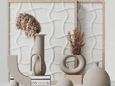 Modern Decorative Ornament Set With Vases Dried Flowers Geometric Shapes And Wavy Textured Wall 3d model