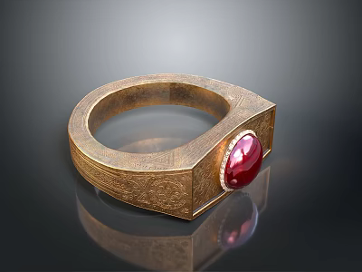 Elegant Golden Ring With Red Gemstone And Intricate Carved Decorative Patterns 3d model