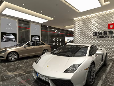 Luxury Car Showroom Featuring Mercedes Sedan And White Sports Car 3d model