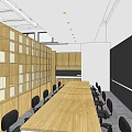Public Office Space Open Layout with Wooden Desks Computers Table Lamps Bookshelves and Large Windows